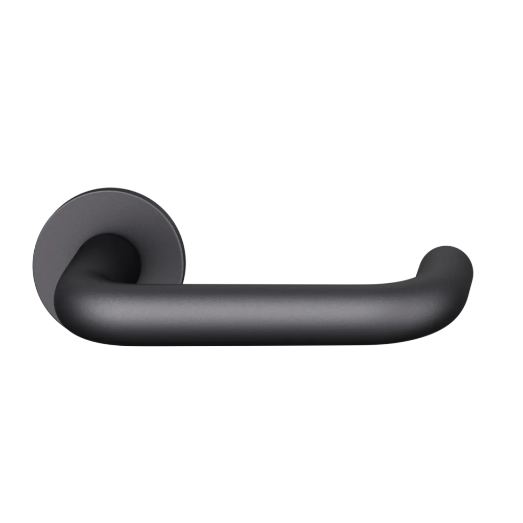 Black anodized FSB 1070 door lever, a U-shaped lever with a closed return, on a round rose.