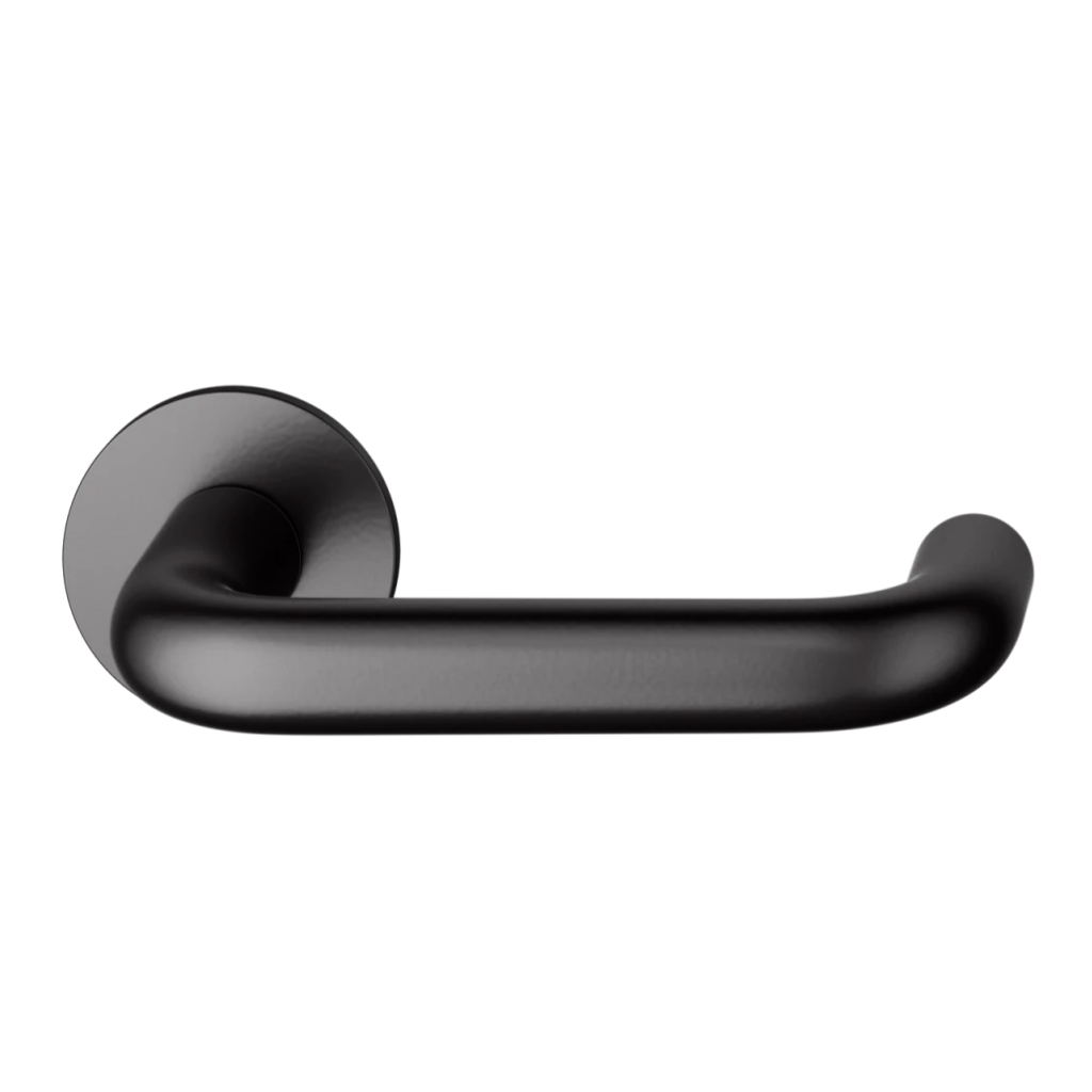 Black powder coat FSB 1070 door lever, a U-shaped lever with a closed return, on a round rose.