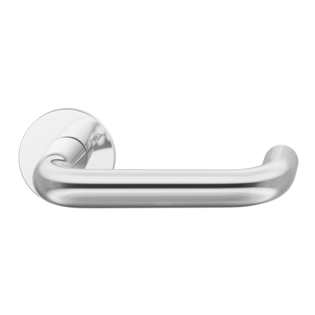 Polished stainless steel FSB 1070 door lever, a U-shaped lever with a closed return, on a round rose.