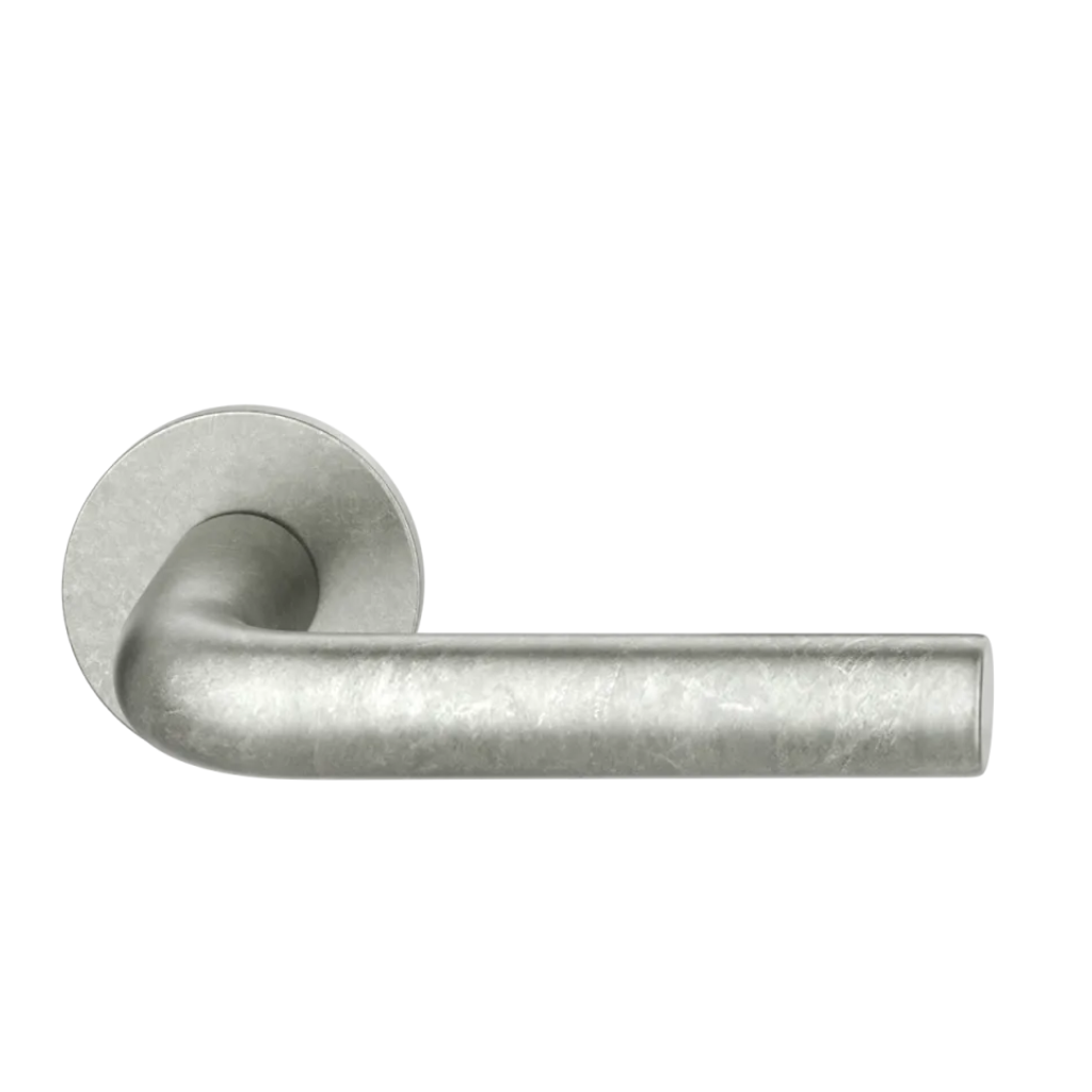 Aluminum pure natural FSB 1075 door lever, an L-shaped lever with a curved return, on a round rose.