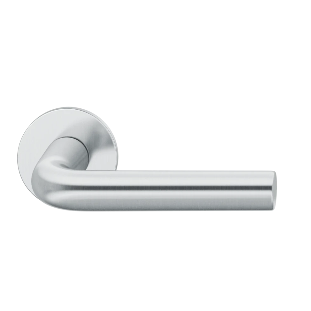 Satin stainless steel FSB 1075 door lever, an L-shaped lever with a curved return, on a round rose.