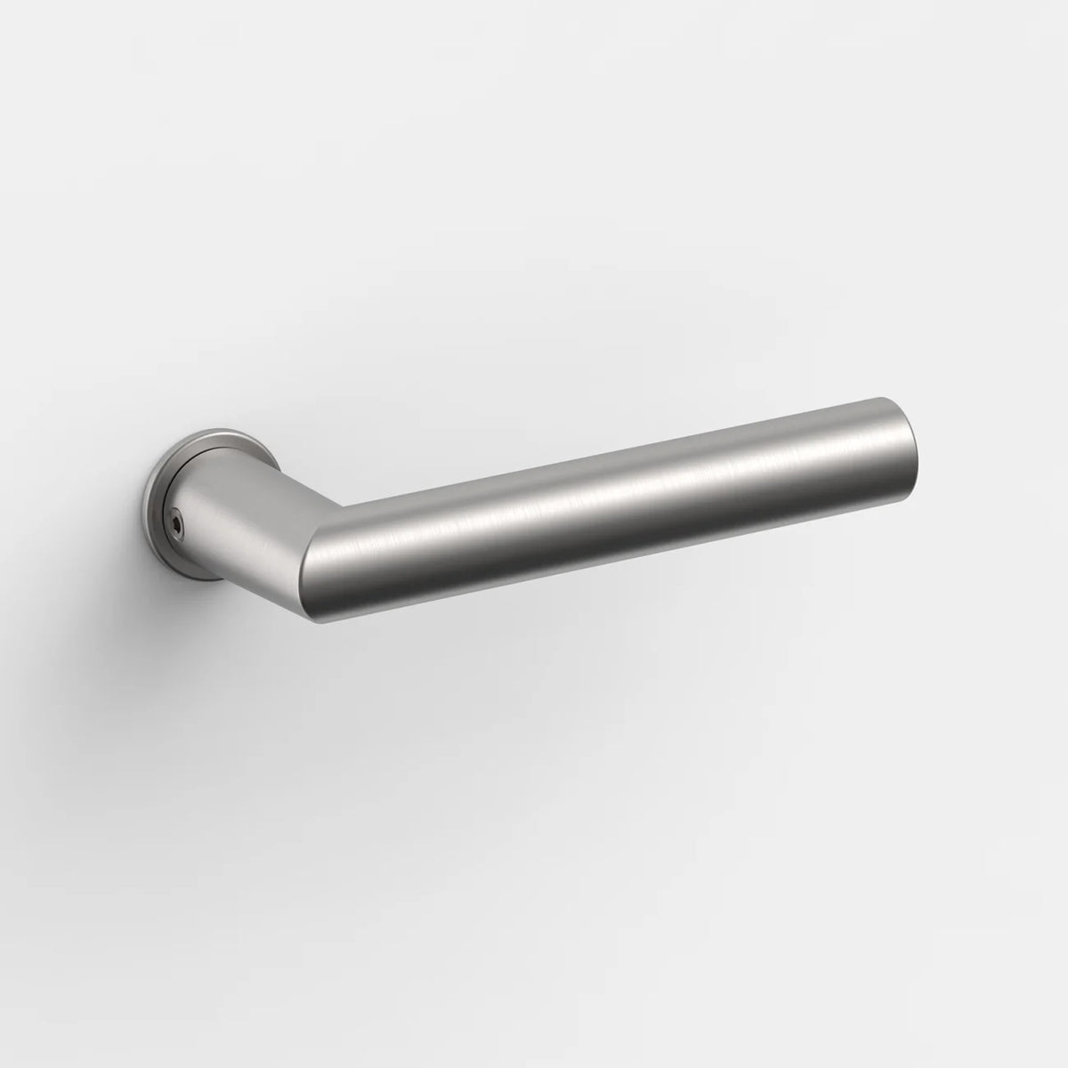 Satin stainless steel FSB 1076 door lever seen head-on, showing the mitred square-section bar and round rose.