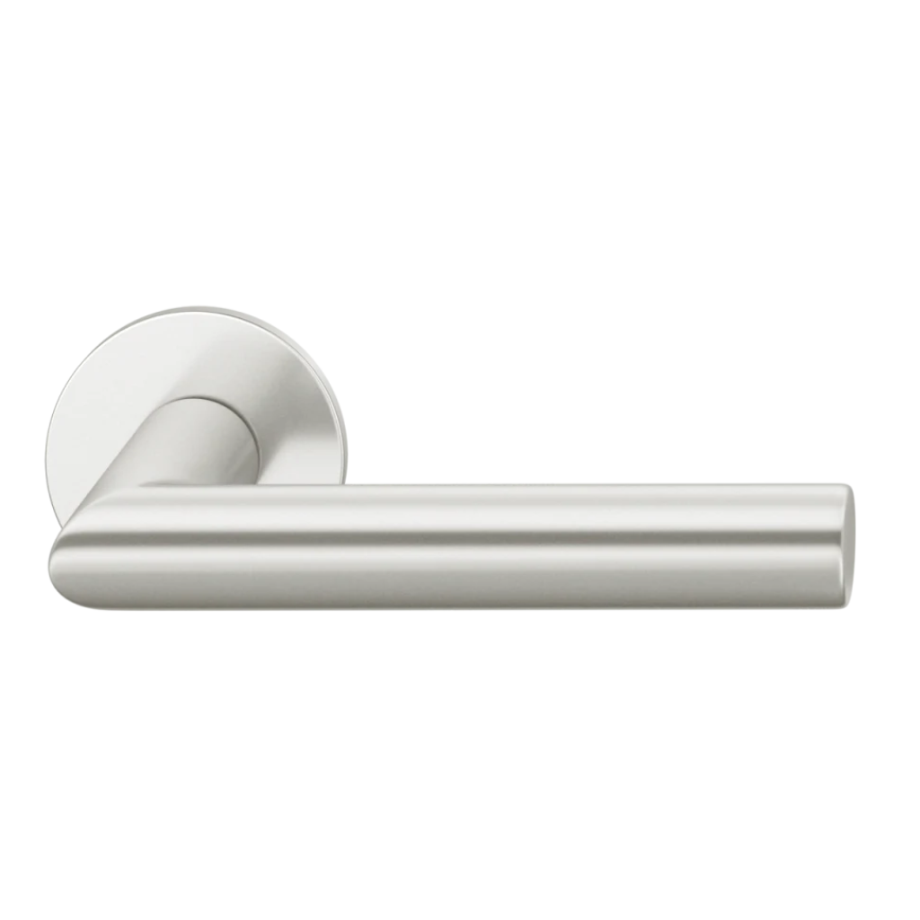 Natural anodized aluminum FSB 1076 door lever, a mitred square-section lever on a round rose.