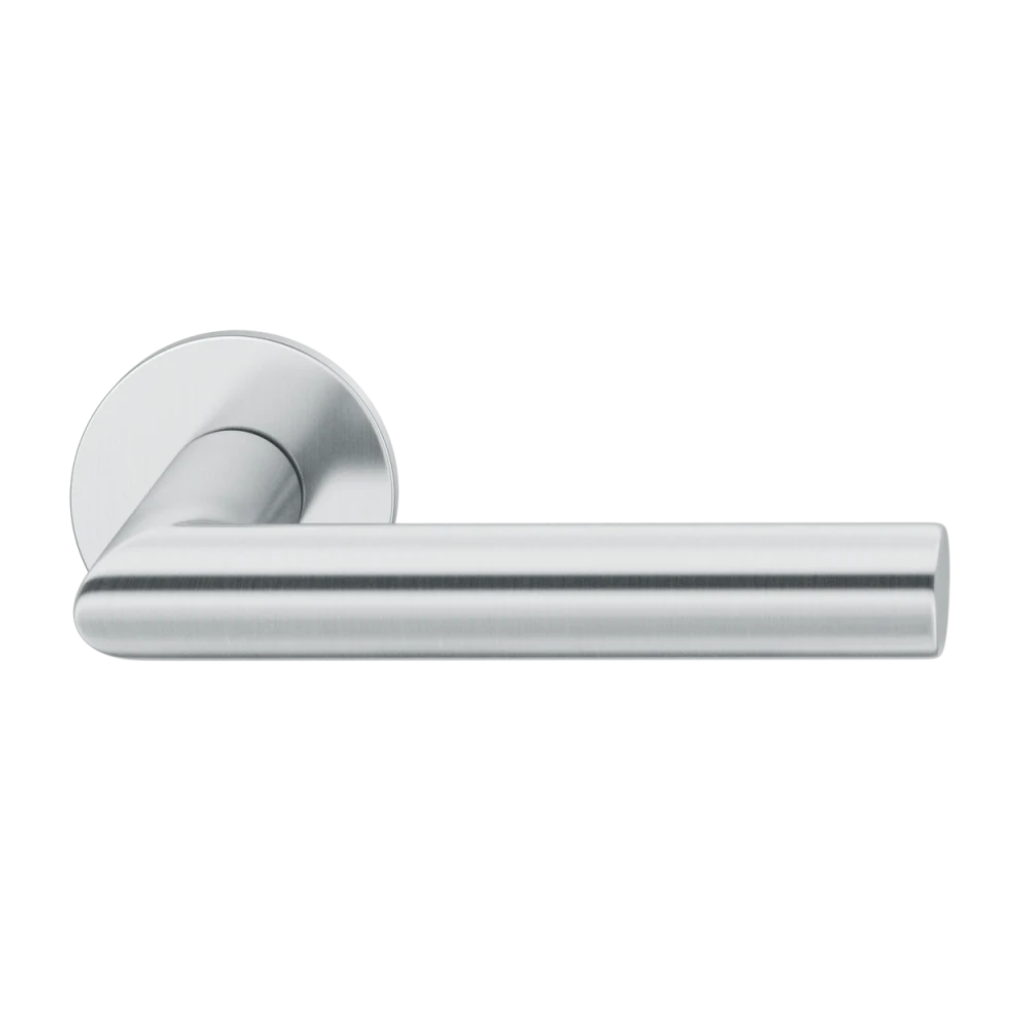 Satin stainless steel FSB 1076 door lever, a mitred square-section lever on a round rose.