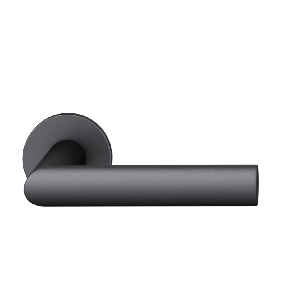 Black anodized FSB 1108 door lever, a mitred lever of oval section on a round rose.