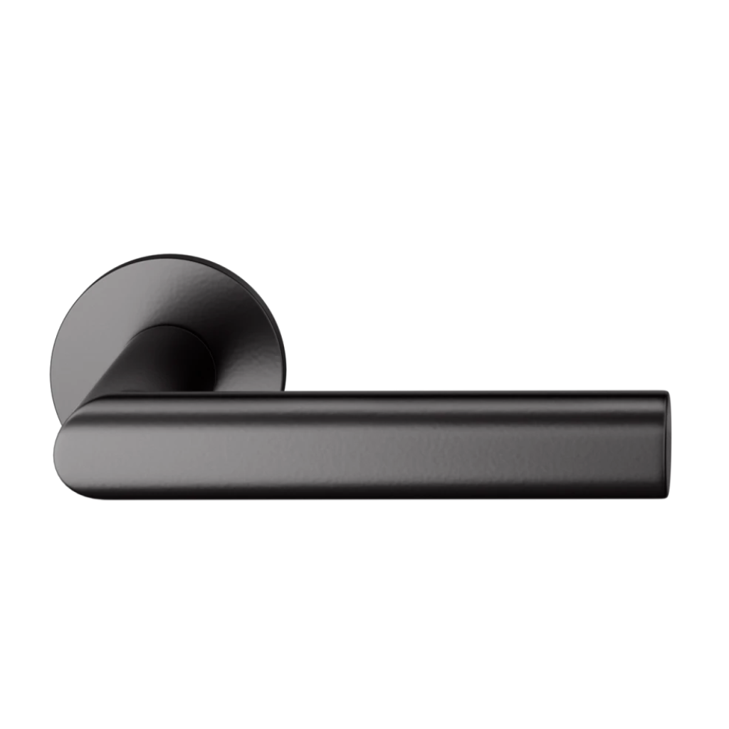 Black powder coat FSB 1108 door lever, a mitred lever of oval section on a round rose.