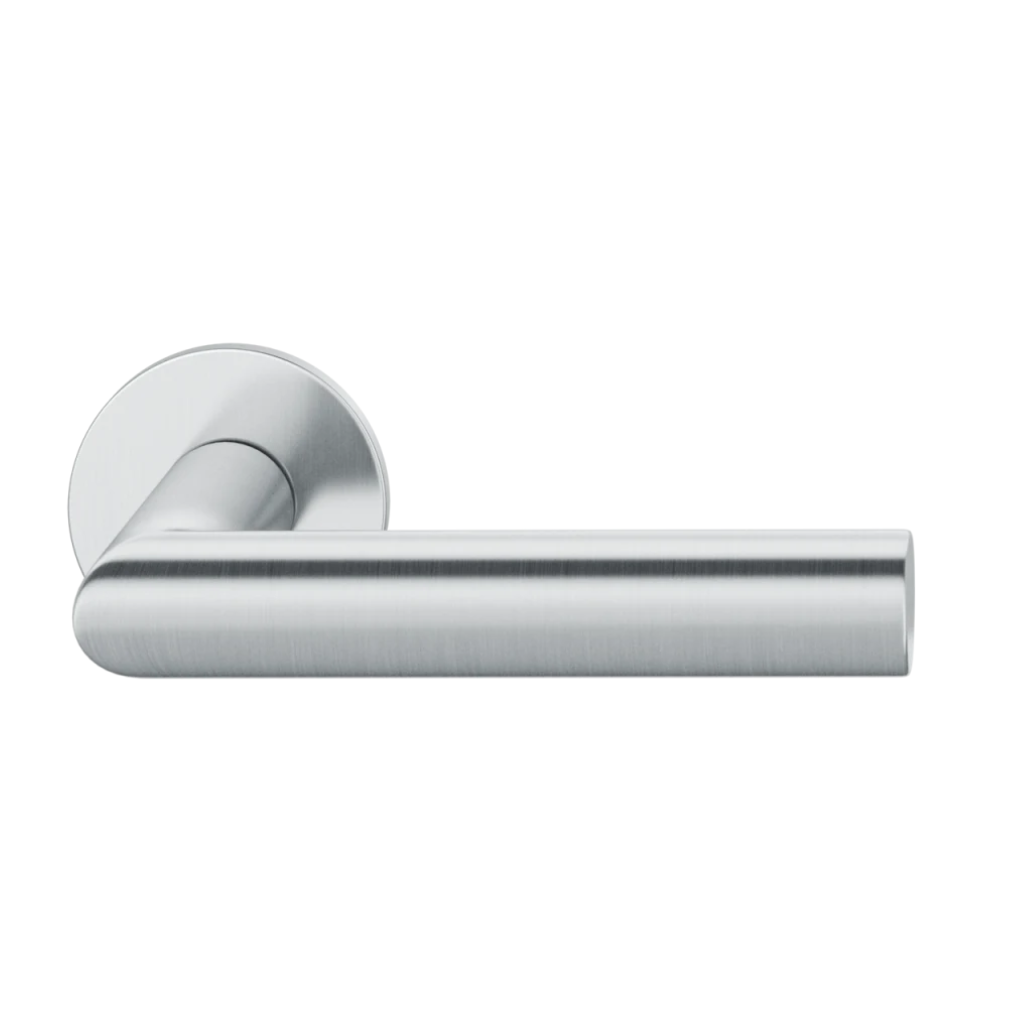 Satin stainless steel FSB 1108 door lever, a mitred lever of oval section on a round rose.