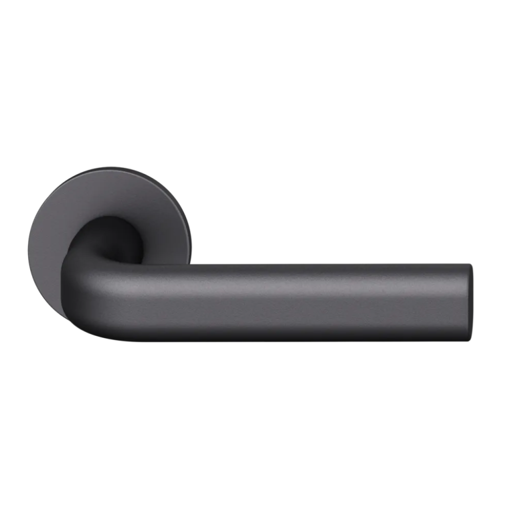 Black anodized FSB 1242 door lever, a slim oval lever on a round rose.