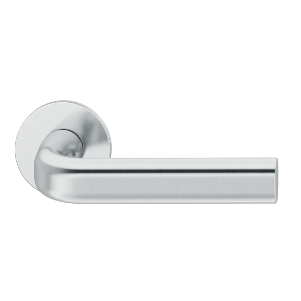 Satin stainless steel FSB 1242 door lever, a slim oval lever on a round rose.