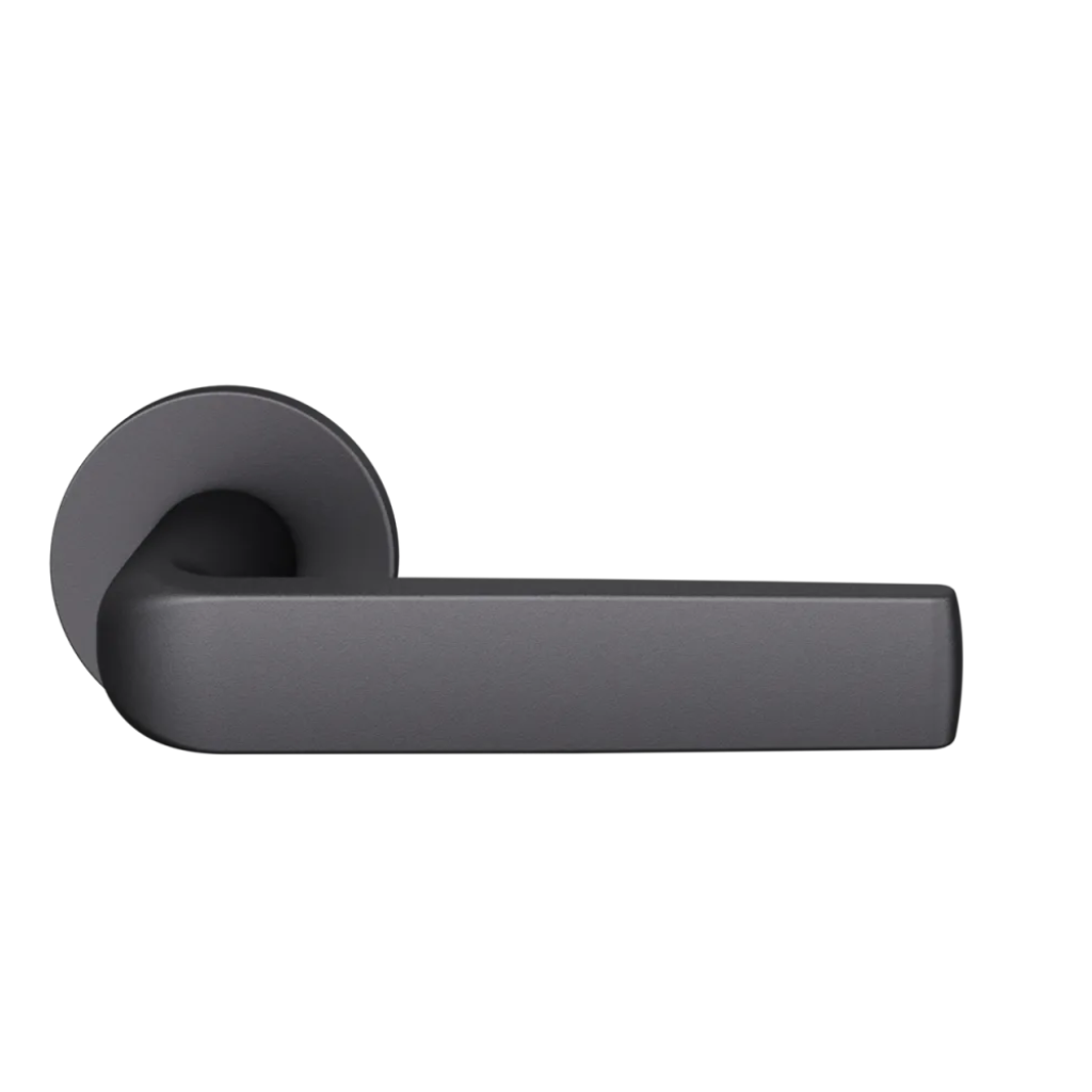 Black anodized FSB 1267 door lever, a flat-grip lever on a round rose.