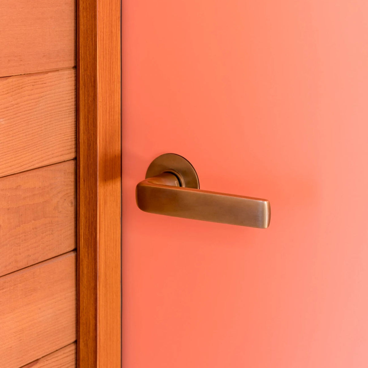 FSB 1267 lever and thumbturn on a coral-painted door at the Triesch Residence, showing the flat-grip form in situ.