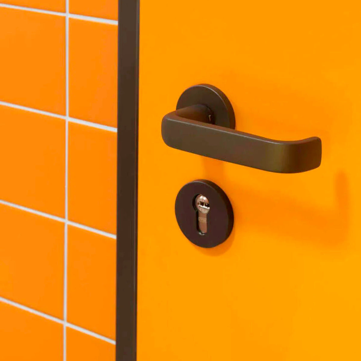FSB 1267 lever on a yellow door at the Grace Hopper Gesamtschule, showing the flat-grip profile.