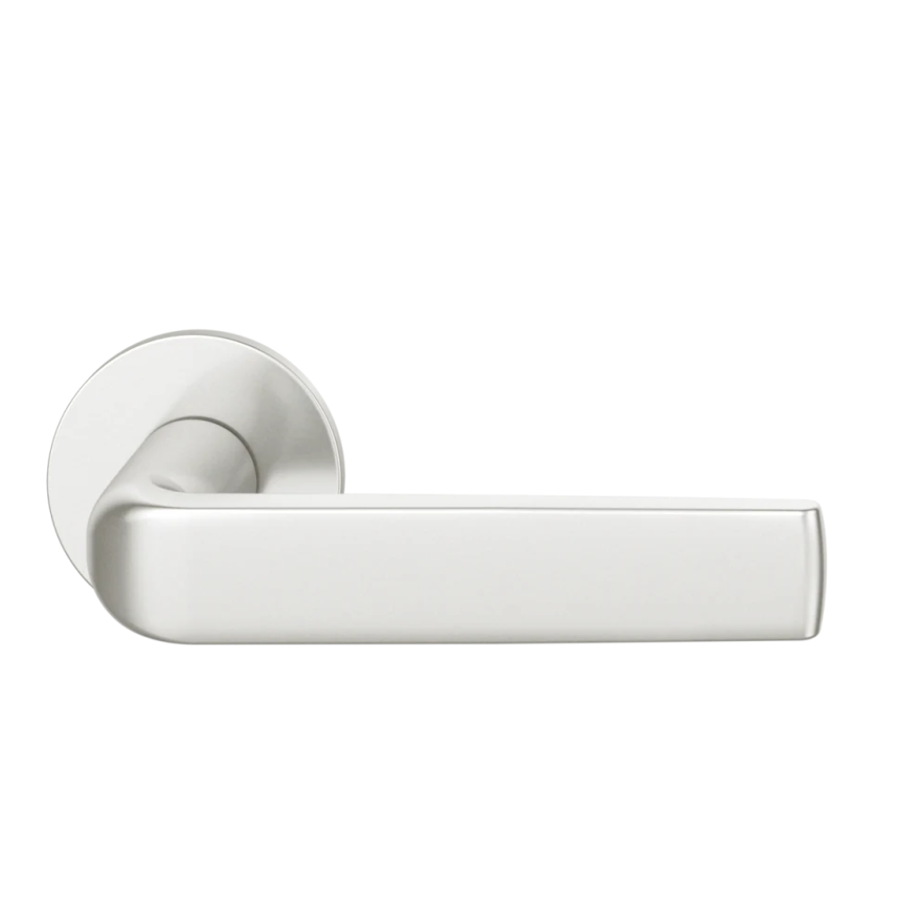 Natural anodized aluminum FSB 1267 door lever, a flat-grip lever on a round rose.