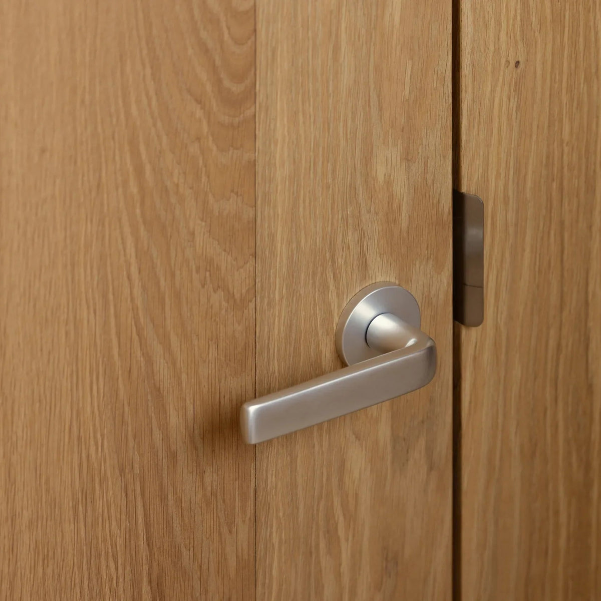 FSB 1267 lever on a white oak door at the Dinesen apartment, New York, showing the flat-grip form in situ.