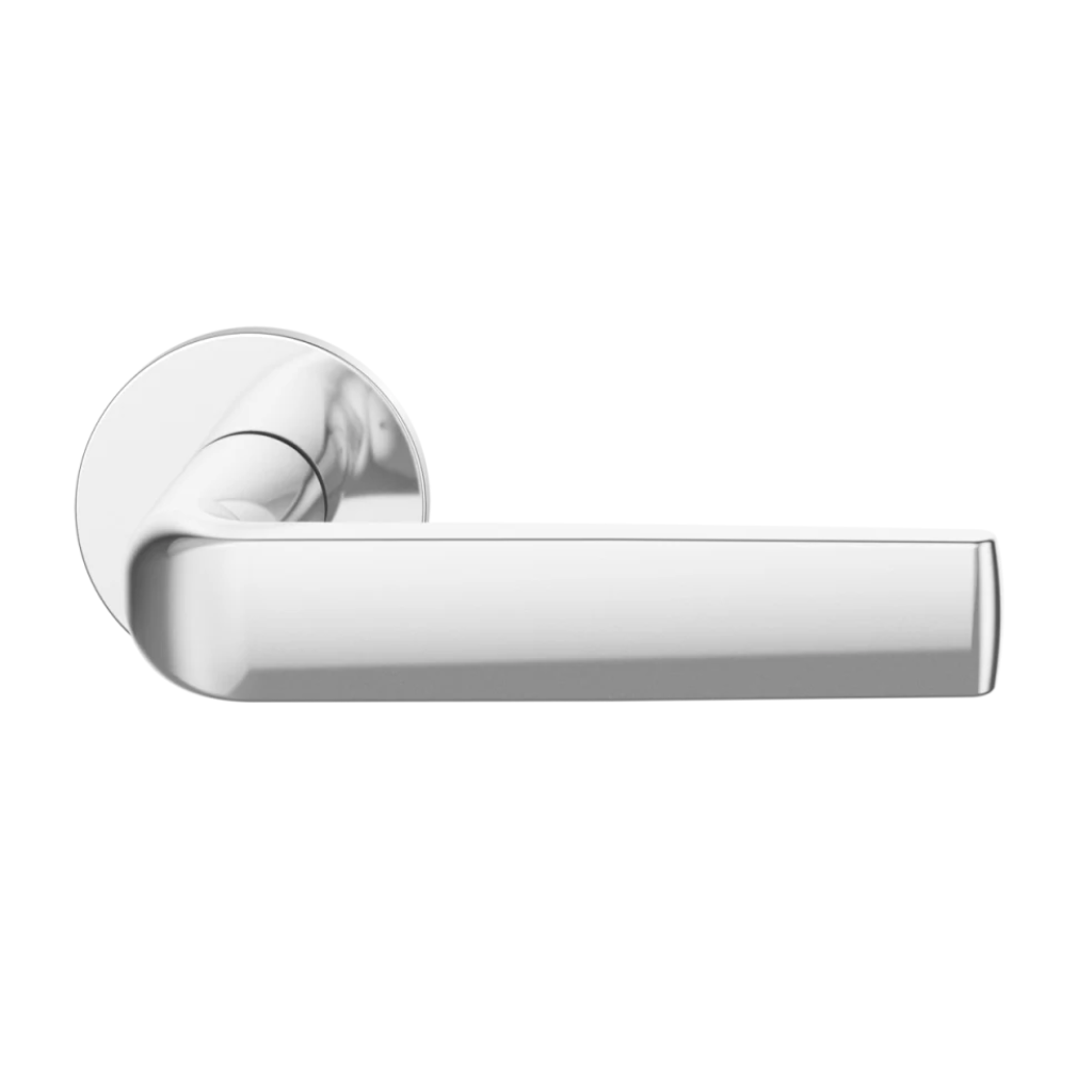 Polished stainless steel FSB 1267 door lever, a flat-grip lever on a round rose.