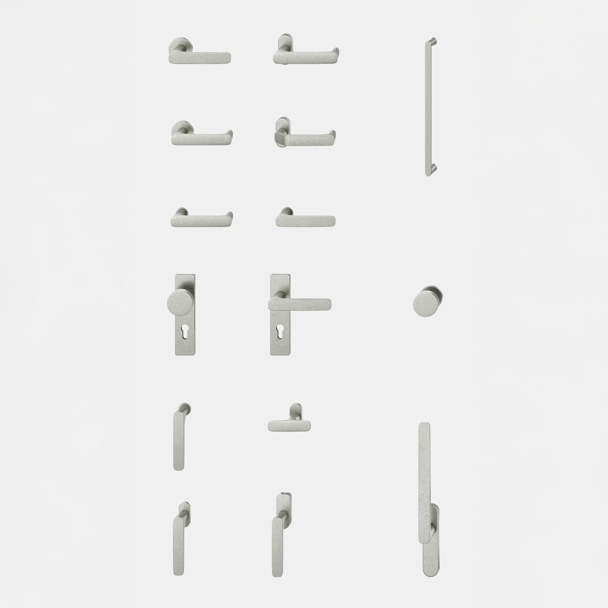 The FSB 1289 family laid out flat, showing door levers, window handles, escutcheons, and pulls in one design language.