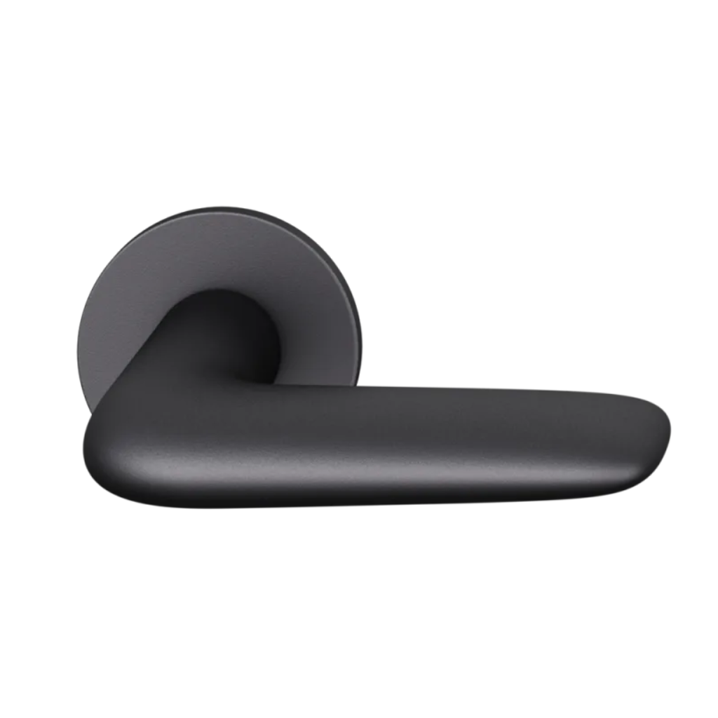 Black anodized FSB 1291 door lever, a short curved lever on a round rose.