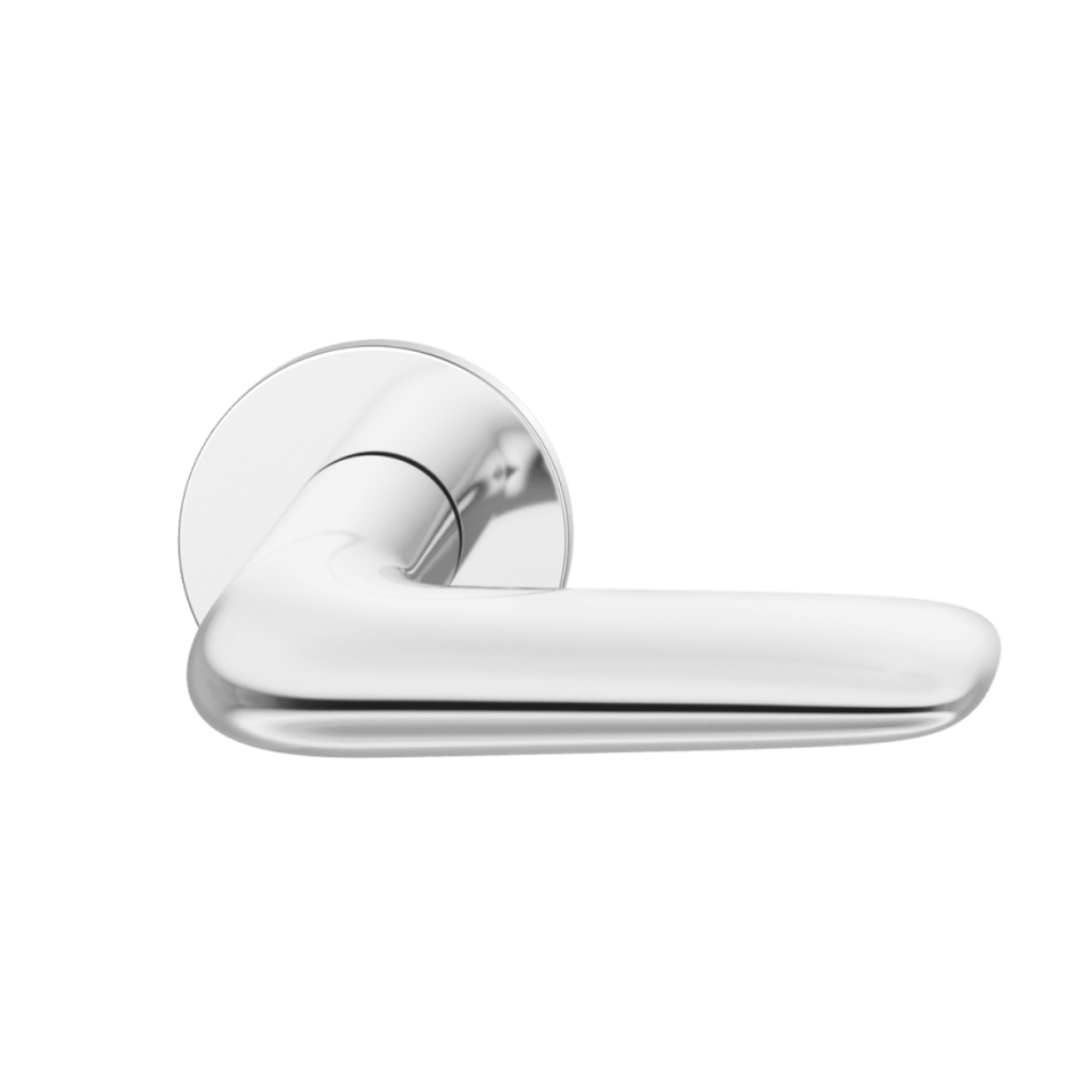 Polished stainless steel FSB 1291 door lever, a short curved lever on a round rose.