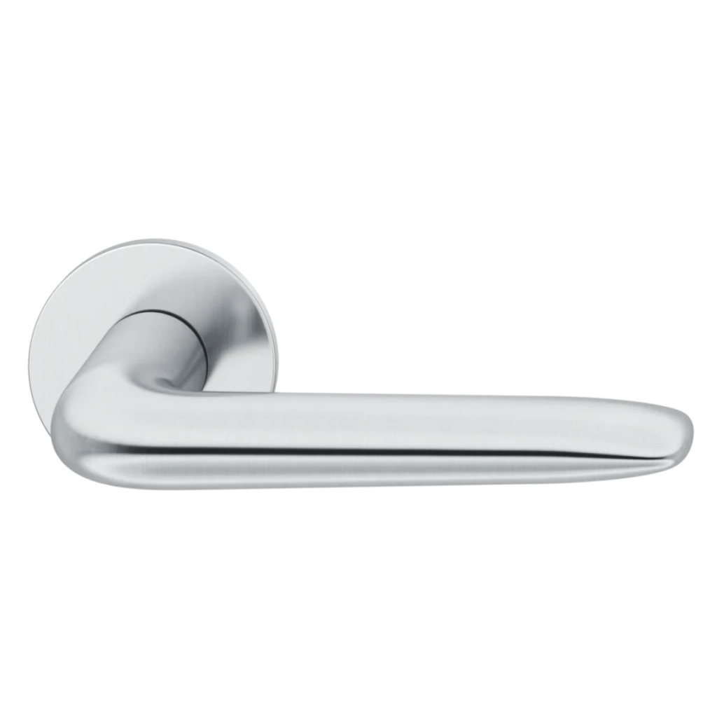 Satin stainless steel FSB 1292 door lever, a long curved lever on a round rose.