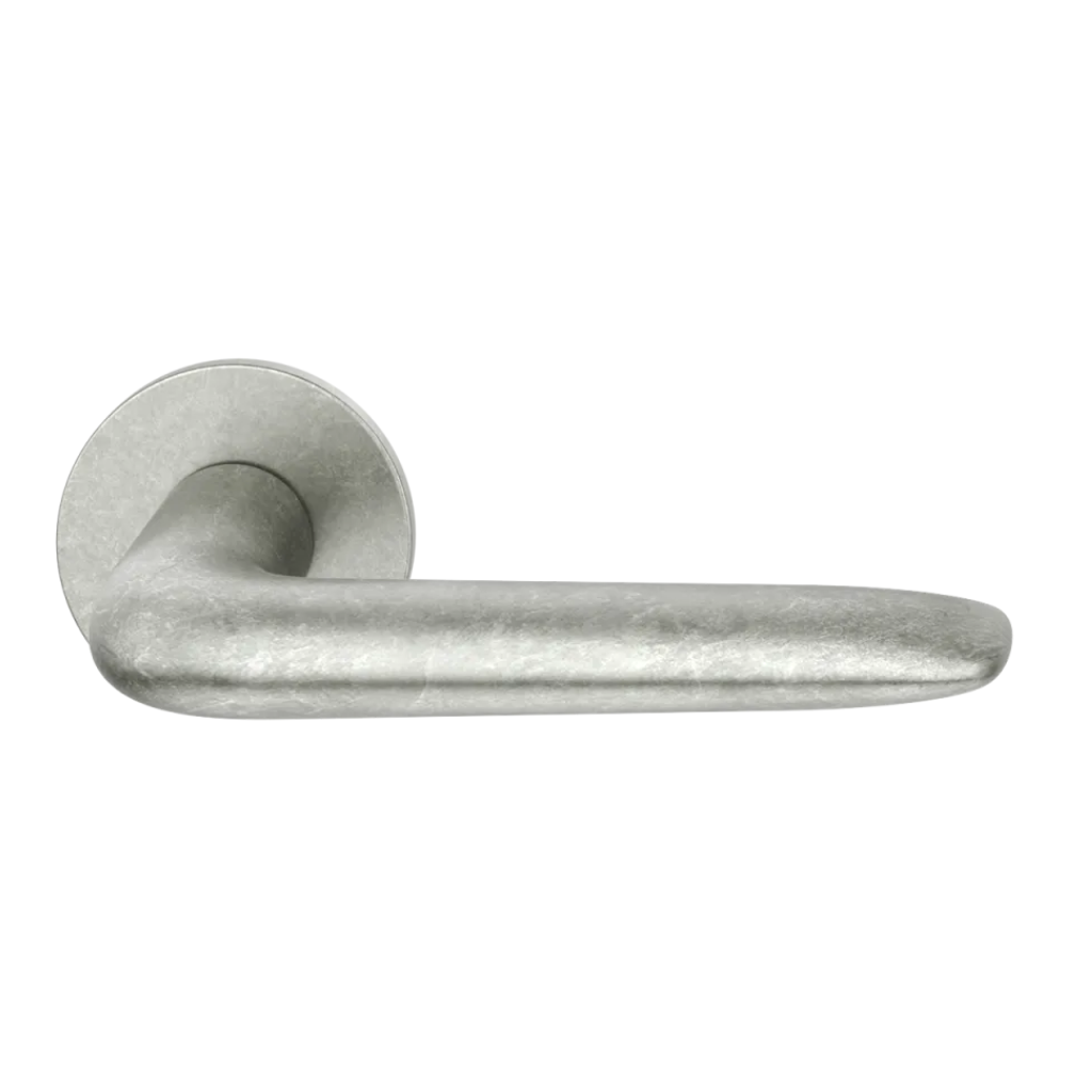 Aluminum pure natural FSB 1292 door lever, a long curved lever on a round rose.