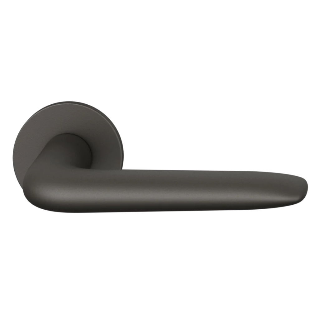 Dark bronze anodized FSB 1292 door lever, a long curved lever on a round rose.