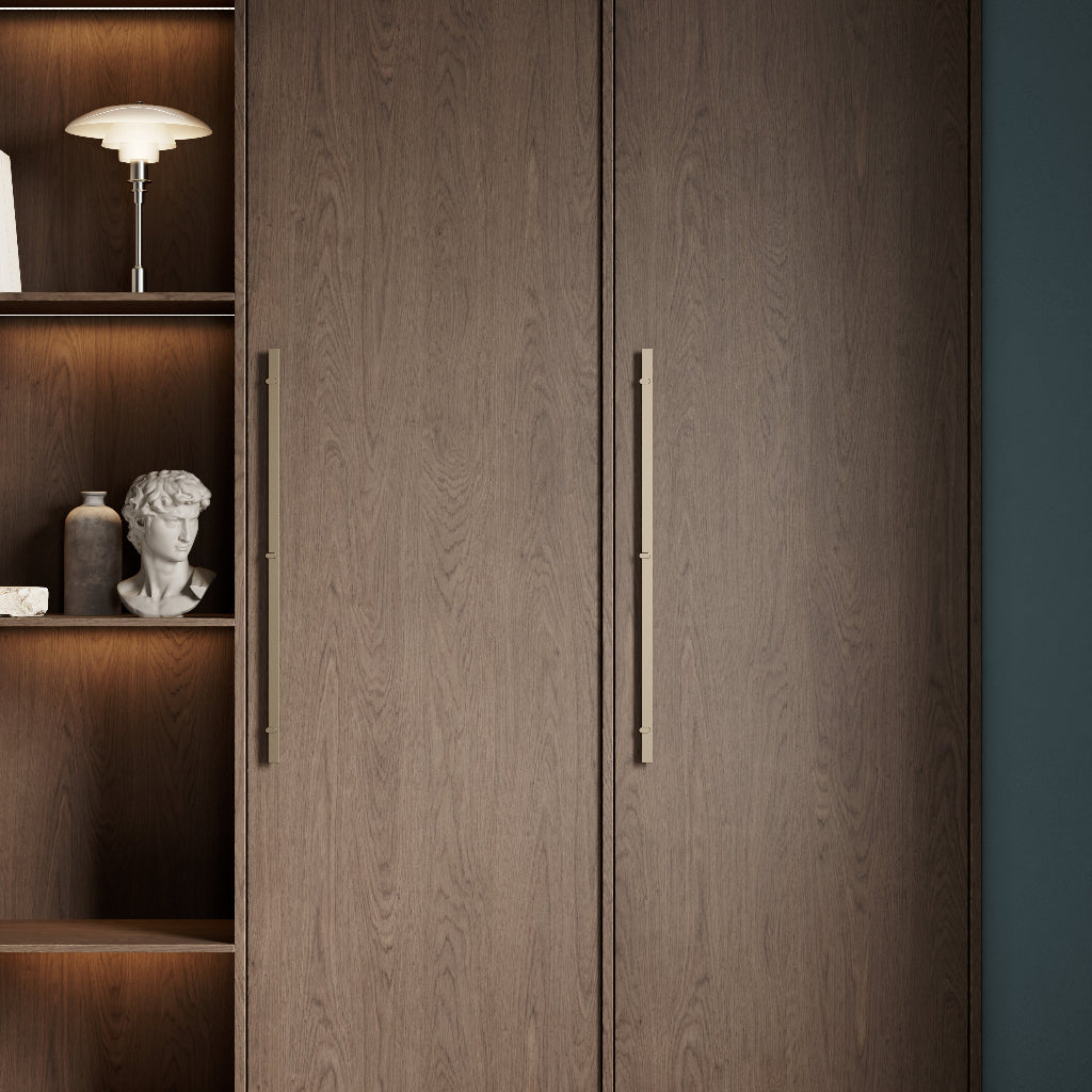 Wood cabinetry with slim brushed metal cabinet pulls