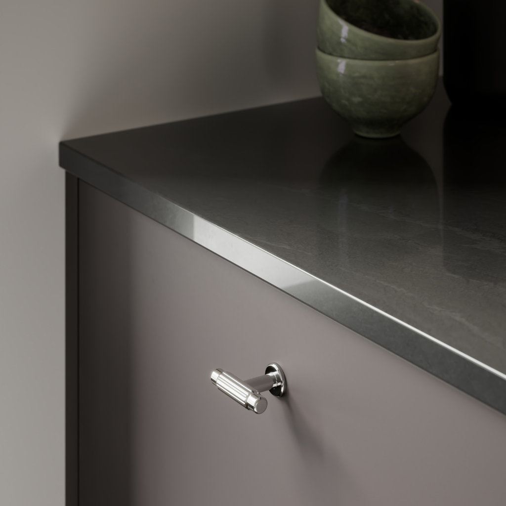 Bronze Furnipart Villa T cabinet knob on a grey door.