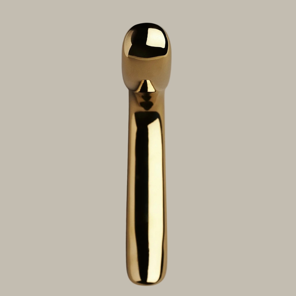 L shaped hook in polished brass, front view.