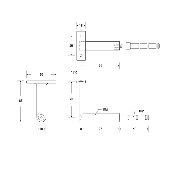a drawing of a Halliday Baillie HB 510 Handrail Bracket for a door handle.