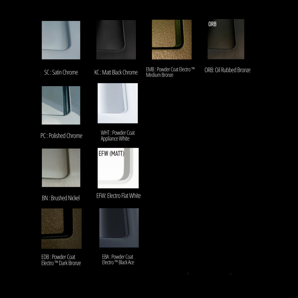 Finish chart for the HB 675 bi-fold flush pull, showing swatches in satin and polished chrome, matt black chrome, brushed nickel, appliance and electro flat white, medium and dark bronze, oil-rubbed bronze, and black ace.
