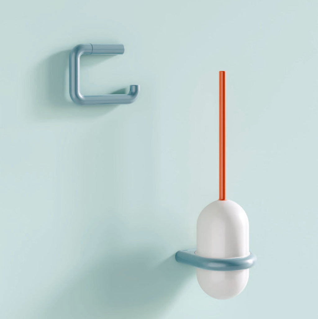 Aqua blue Hewi 477 hook and toilet brush unit on a mint wall.