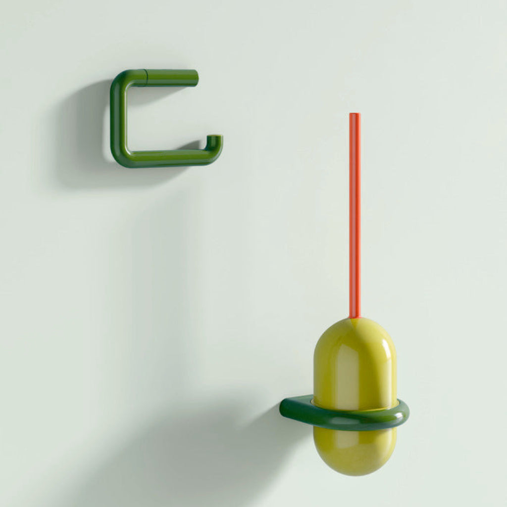 Green Hewi 477 hook and toilet brush unit on a mint wall.