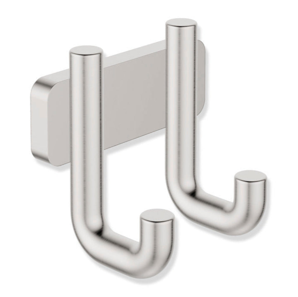 Satin nickel Hewi 480 single hook, a rounded J-hook on a square plate.
