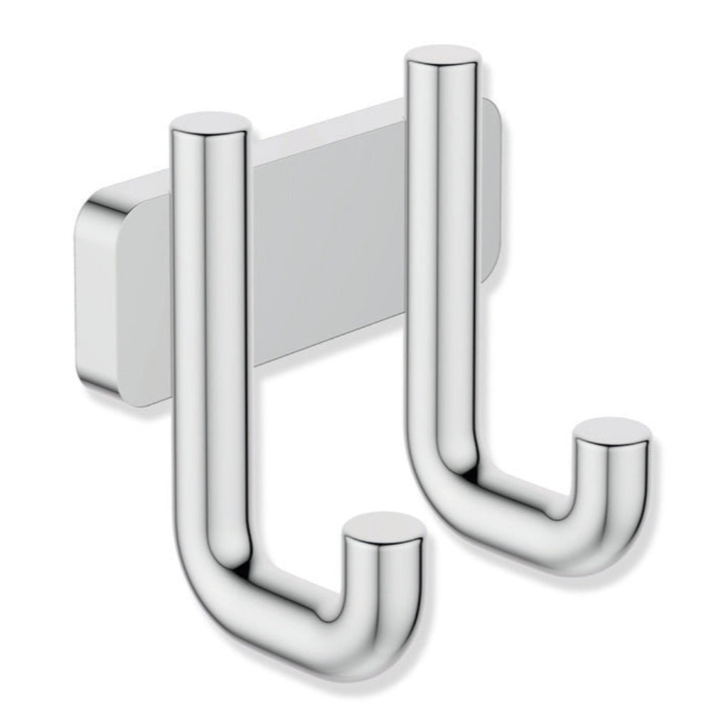 Polished chrome Hewi 480 double hook, two rounded J-hooks on a plate.