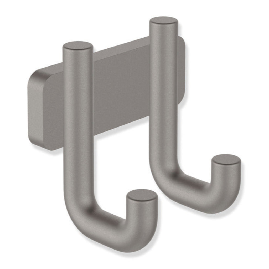 Polished chrome Hewi 480 double hook, two rounded J-hooks on a plate.
