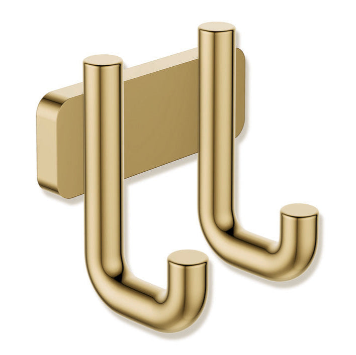 Polished brass Hewi 480 double hook, two rounded J-hooks on a plate.