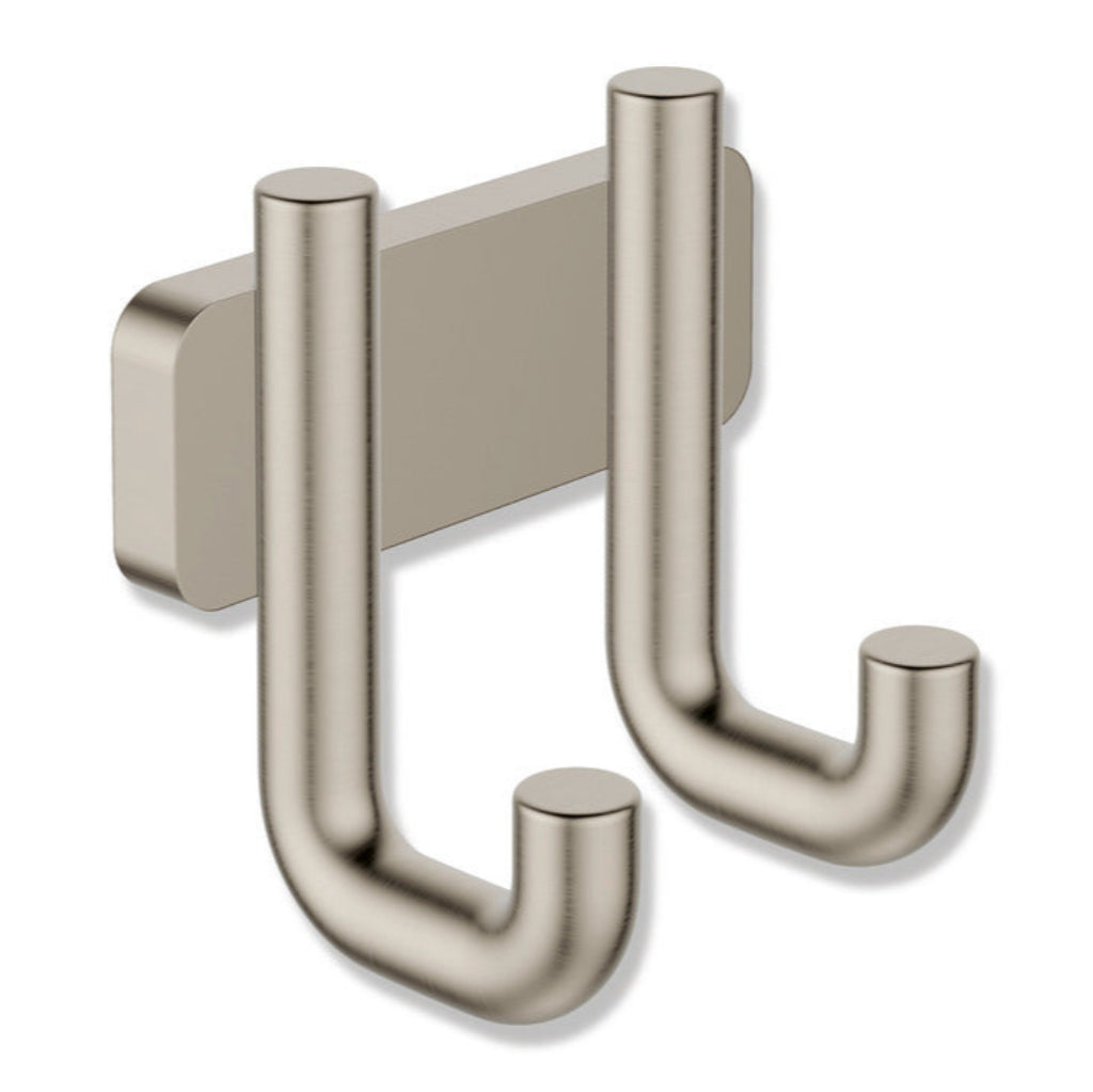 Polished brass Hewi 480 double hook, two rounded J-hooks on a plate.