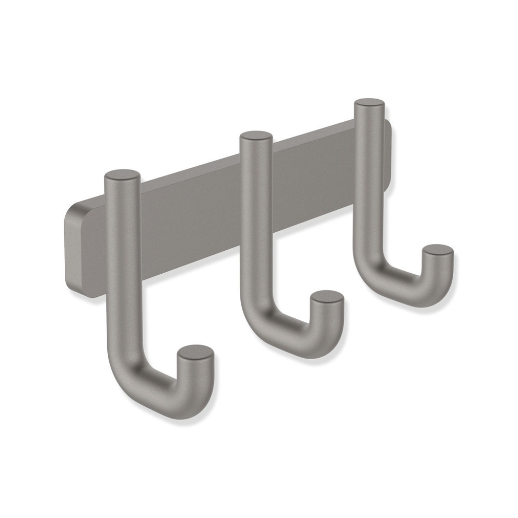Polished chrome Hewi 480 triple hook, three rounded J-hooks on a rail.
