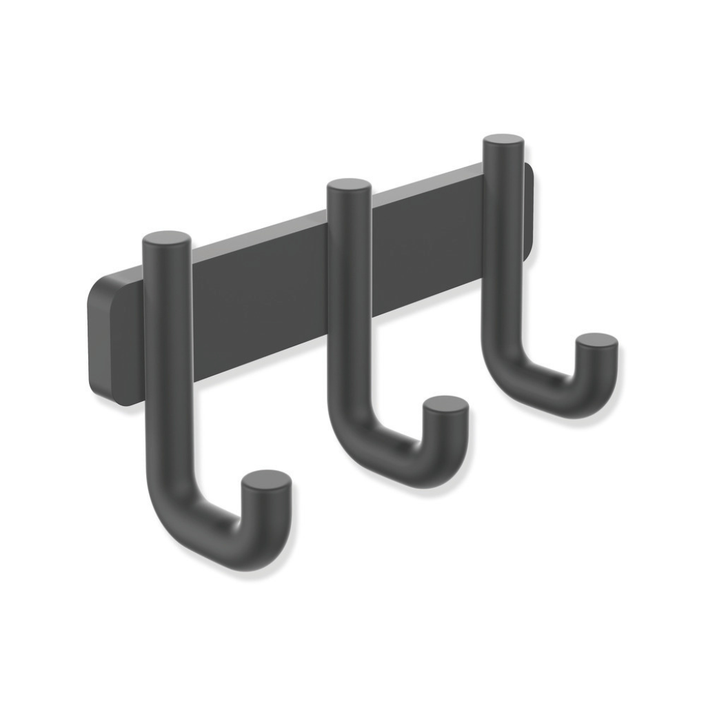 Polished chrome Hewi 480 triple hook, three rounded J-hooks on a rail.