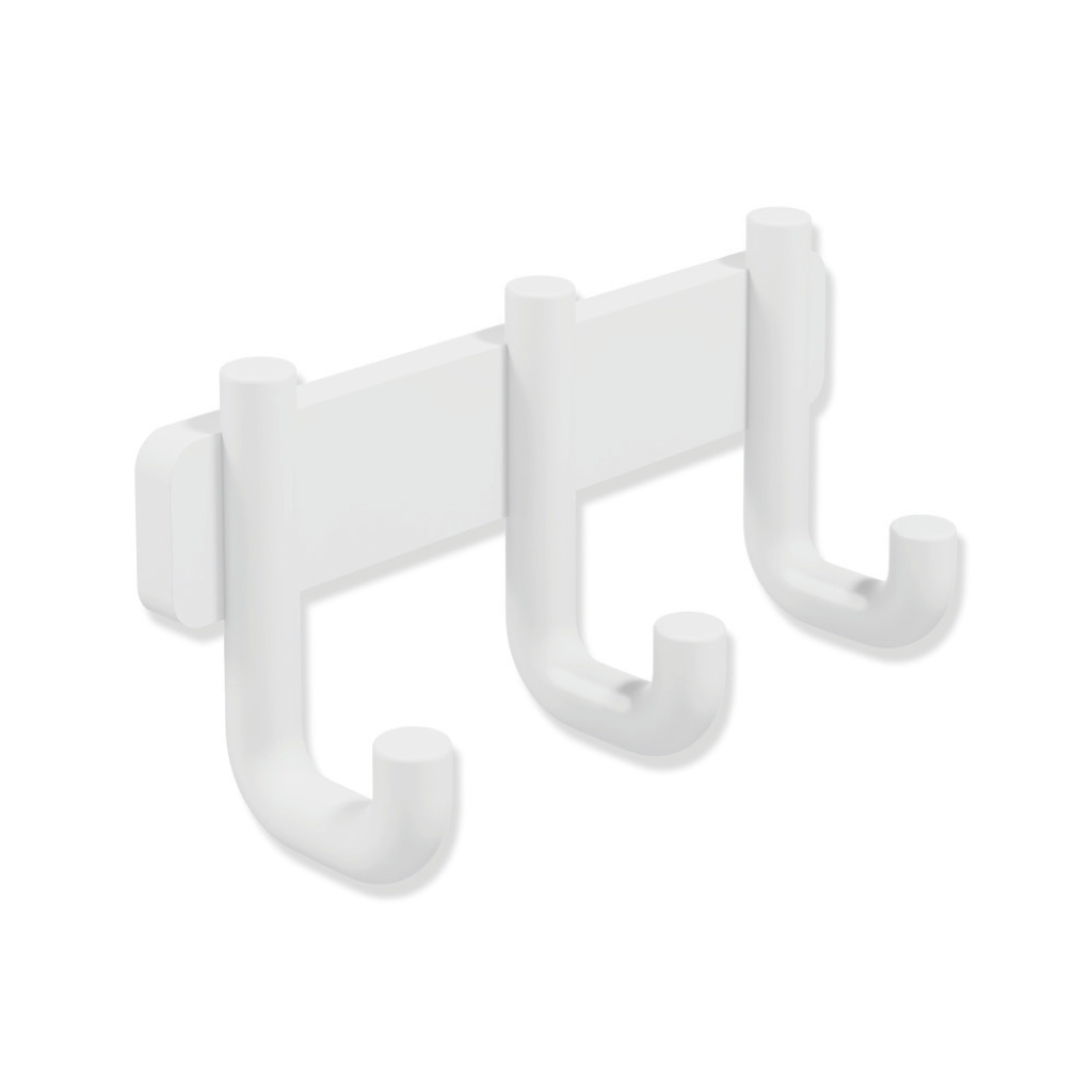 Satin nickel Hewi 480 triple hook, three rounded J-hooks on a rail.