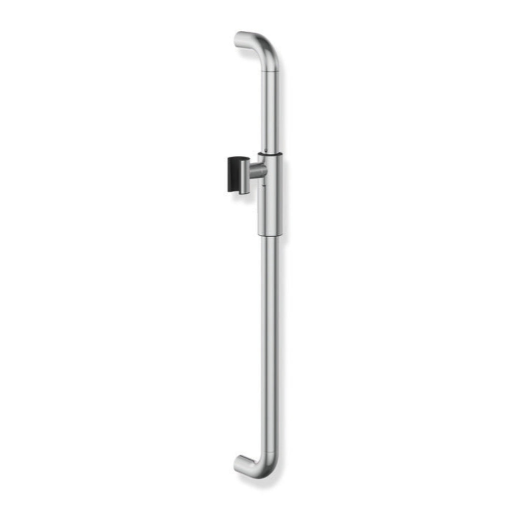 Polished chrome Hewi 480 shower rail with a magnetic shower head holder, a vertical wall bar.