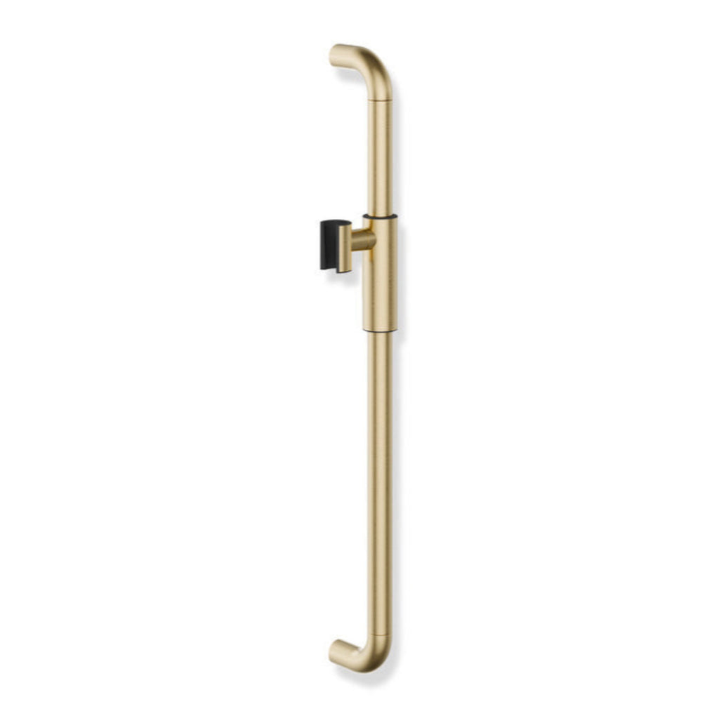 Polished brass Hewi 480 shower rail with a magnetic shower head holder, a vertical wall bar.