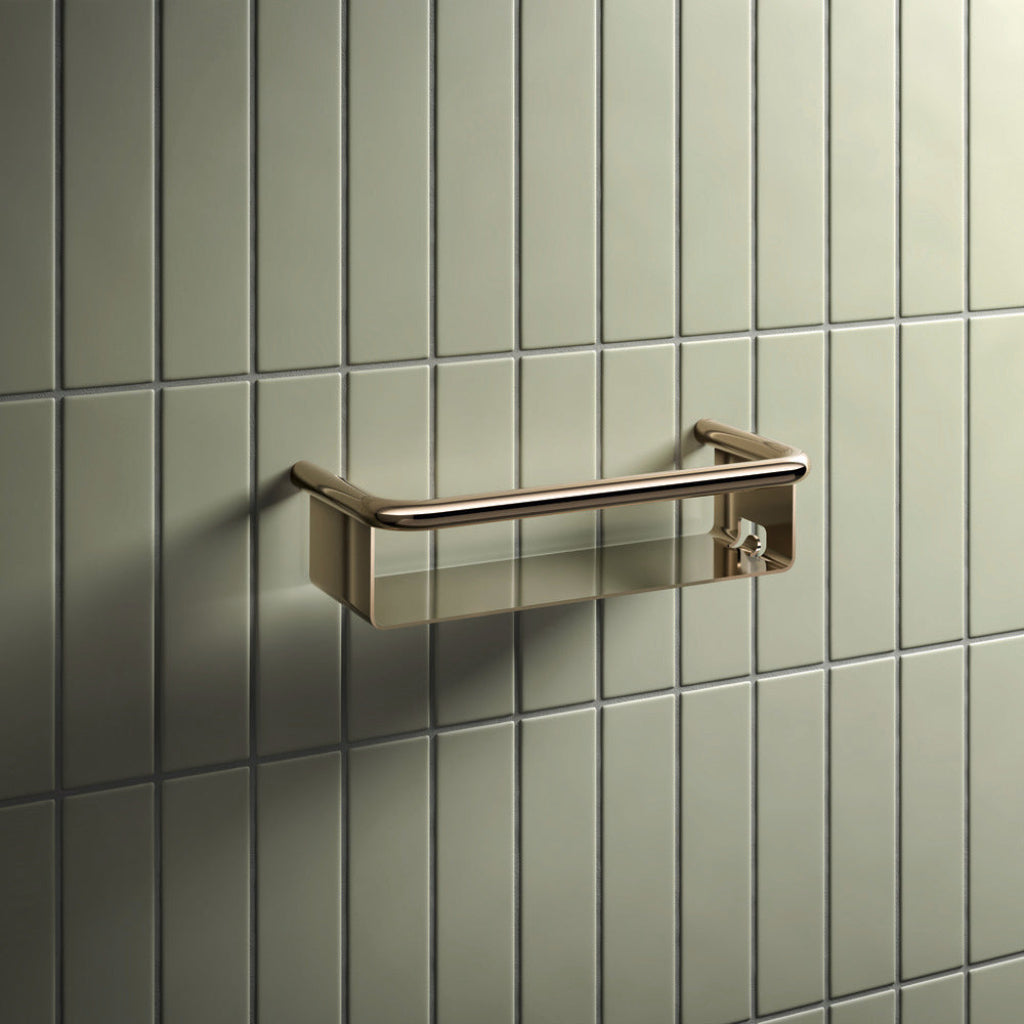 Bronze Hewi 480 towel rail on a green tiled wall.