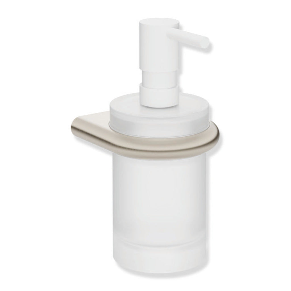 Anthracite grey Hewi 480 soap dispenser with a glass reservoir in a wall holder.