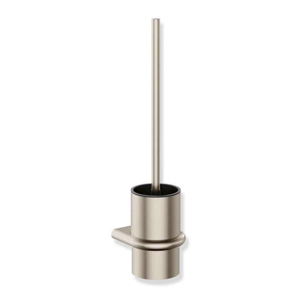 Polished brass Hewi 480 toilet brush unit, a wall-mounted holder with a long-handled brush.