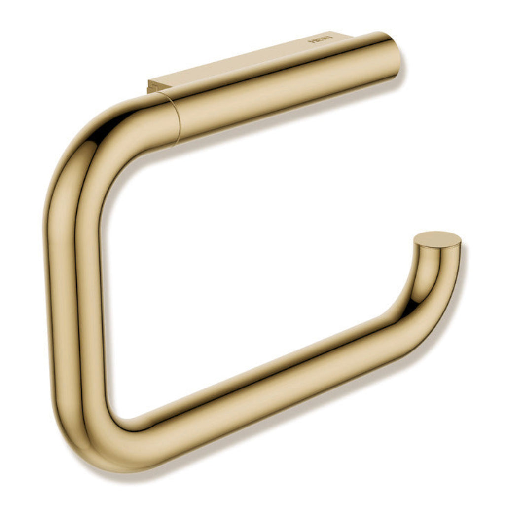 Brass Hewi 480 toilet roll holder and toilet brush on a green wall.