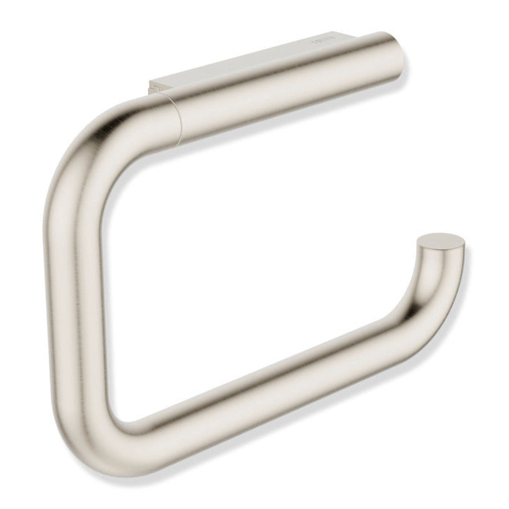 Brushed brass Hewi 480 toilet roll holder, an open arm that holds the roll.