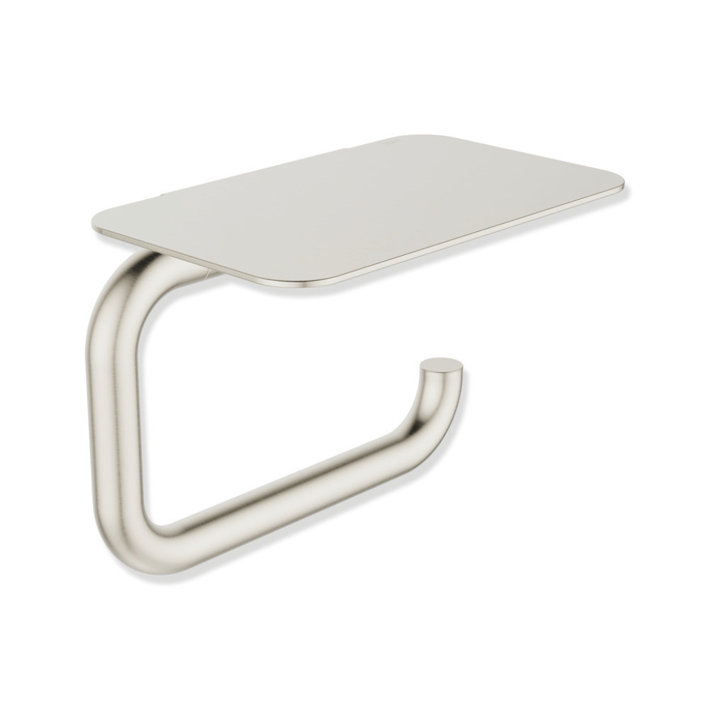 Polished brass Hewi 480 toilet roll holder with a flat shelf on top.