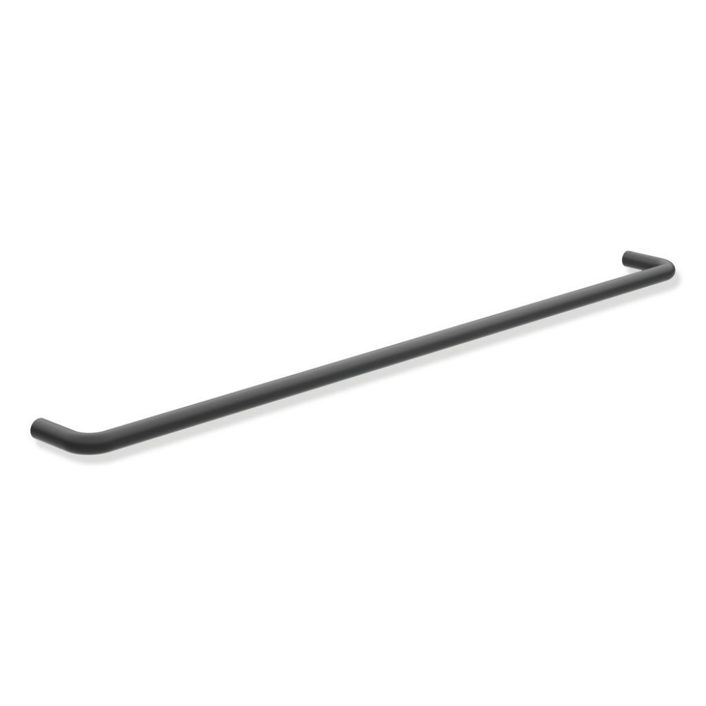Polished chrome Hewi 480 towel rail, a straight single bar on two wall posts.