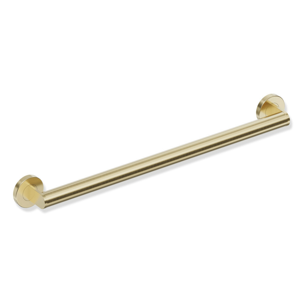 Polished brass Hewi 900 ADA grab bar support rail, a straight round bar with wall flanges.
